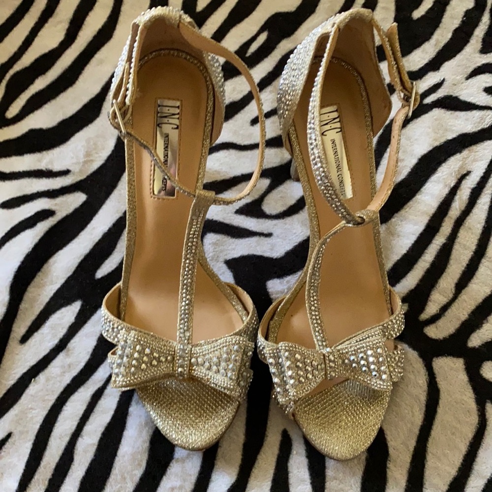 INC rhinestoned bow stilettos